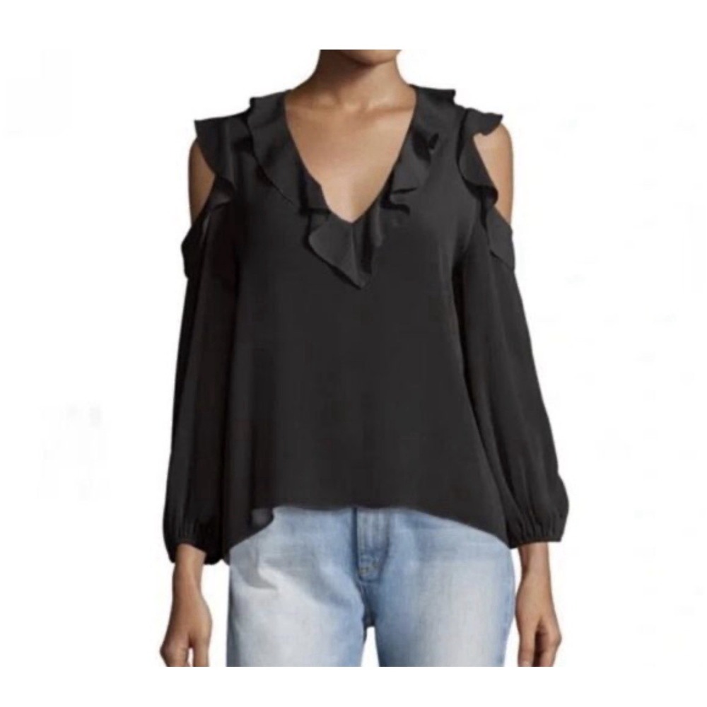 Zac & Rachel Black Chiffon Cold Shoulder Ruffle Blouse V-Neck Size S
